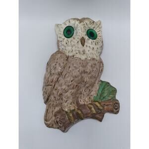Vintage Handpainted Plaster Chalkware Owl Wall Hanging Green Plastic Eyes